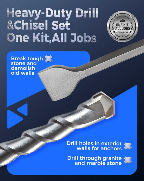 Rotary Hammer Drill Bits Set And Chisels SDS Plus For Concrete And Masonry Holes 17 Pieces With Durable Storage Case Carbide Tipped Pro Grade For Heavy Duty Drilling, showing close-up of chisel and drill bit.