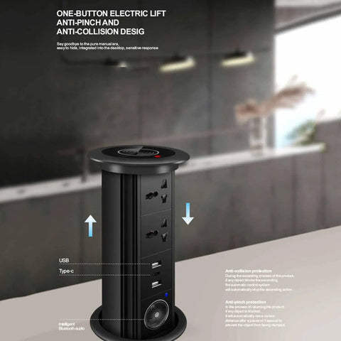 Slick Pop Up Power Strip With Built In Wireless Charging And Touch Controls That Lifts Smoothly From Desktop Or Kitchen Counter For A Hassle Free Clean Workspace Game Changer showing USB and power outlets.