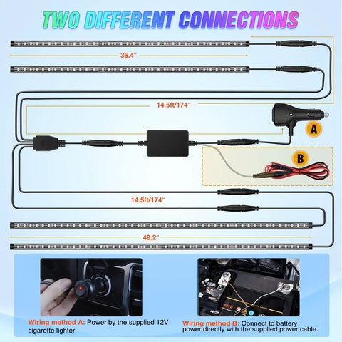 Diagram showing two connection methods for Dope Car Underglow Neon Accent Strip Lights With 252 LEDs RGB featuring wiring details.