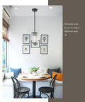 Dining room with Four-Tier Crystal Chandelier In Matte Black, Modern 3-Light Pendant above round table, bright space.