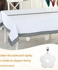 Eight Piece Tablecloth Weights With Flower Shaped Pendants And Metal Clips, Stainless Steel Windproof Table Cover Weights For Outdoor Picnics And Garden Dinners, Hassle Free Setup, 2.68 By 2.68 Inch Pendants, 3.74 Inch Total Length shown in use on tablecloth