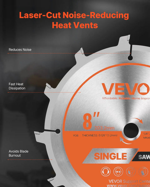 8-inch dado blade close-up with noise-reducing heat vents, part of Dado Blade Set For Woodworking With 8 Inch Outside Blades, Five Eighths Inch Arbor