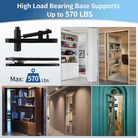 Beefy Heavy Duty Hidden Door Hinge With 570 Lbs Load Capacity Thick Solid Alloy Steel 360 Degree Rotation Pivot installed on bookcase doors.
