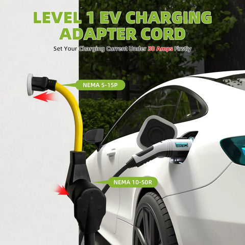 Nema 5 15P To 10 50R Electric Vehicle Charging Adapter Cord 15 Amp Max on EV charging station outdoors.
