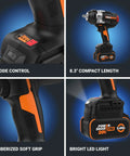 Badass 20V Brushless Cordless Impact Wrench Delivers Sick 1400 Ft Lbs Torque With Intelligent Control And Ergonomic Grip For No Sweat Car Repairs And Tough Weekend Diy Tasks That Move Mountains, featuring 4 mode control and bright LED light.