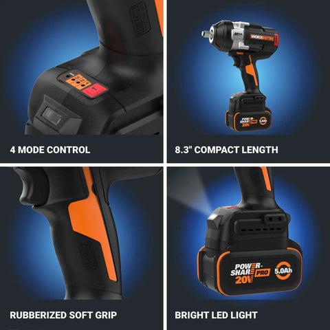 Badass 20V Brushless Cordless Impact Wrench Delivers Sick 1400 Ft Lbs Torque With Intelligent Control And Ergonomic Grip For No Sweat Car Repairs And Tough Weekend Diy Tasks That Move Mountains, featuring 4 mode control and bright LED light.