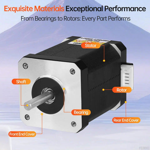 NEMA 17 stepper motor with silver front plate and black housing; exposed shaft and annotated internals (stator, rotor, bearings).