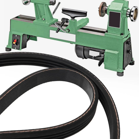 Two Lathe Drive Belt Replacement Belts For Mini Wood Lathe 65345, 24 Inch Internal Length, 4 Rib, shown near green mini lathe
