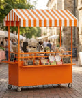 Dead On Mobile Food Cart With Retro Striped Awning And Slick Rolling Wheels For Street Vendors Portable Snack Stand With Lockable Storage Ready For Sick Outdoor Catering Runs showcasing orange frame, striped awning, and baked goods.