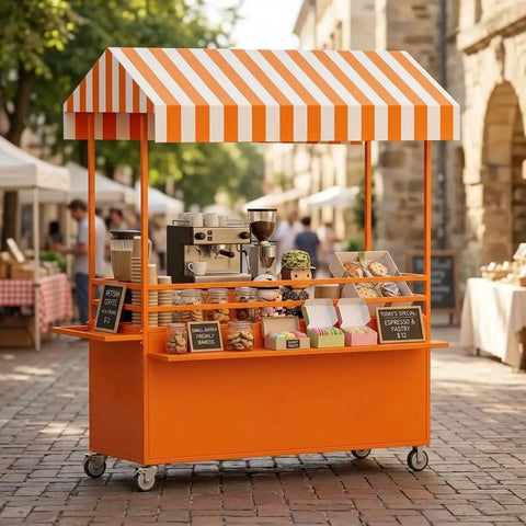 Dead On Mobile Food Cart With Retro Striped Awning And Slick Rolling Wheels For Street Vendors Portable Snack Stand With Lockable Storage Ready For Sick Outdoor Catering Runs showcasing orange frame, striped awning, and baked goods.