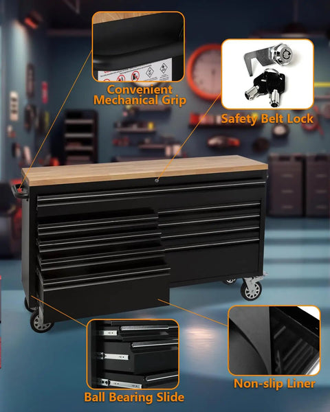 61-Inch Heavy-Duty Rolling Tool Chest And Mobile Workbench With 9 Drawers, Rubber Wood Tabletop, Key Locking System, Drawer Liners And Wheels, Steel Storage Cabinet For Garage And Workshop in a garage setting