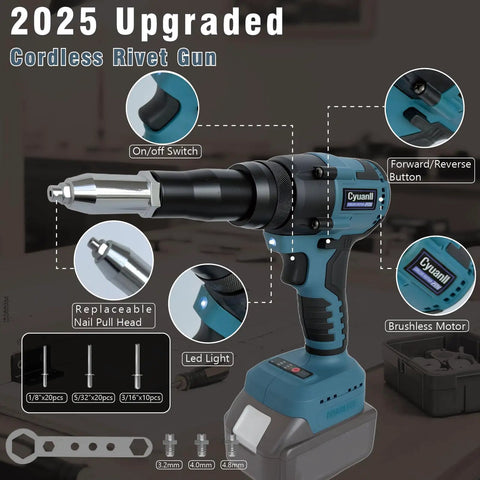 Upgraded Cordless Rivet Gun With Brushless Motor And Led Light For Makita 18V Batteries, close-up of features including on/off switch and LED.