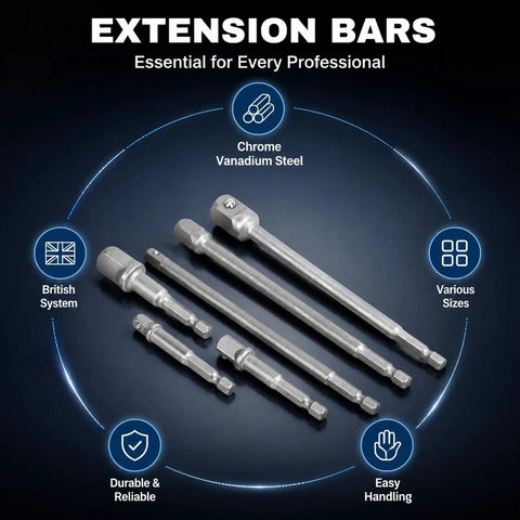 Drive Extension Bar Set For Electric Ratchet Wrench, Six Piece Vanadium Steel Extension Bars With Varied Lengths, Rust Resistant