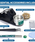 Upgraded 939D I Soldering Station Pro Grade 75W Equivalent accessories including holder, cleaner, tweezers, and soldering tips