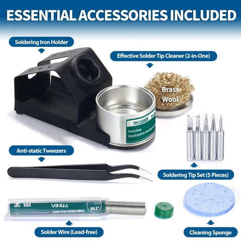 Upgraded 939D I Soldering Station Pro Grade 75W Equivalent accessories including holder, cleaner, tweezers, and soldering tips