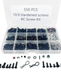 Universal RC Screw Kit With 550Pcs Screws Assortment Set in a clear box showing various screws and fasteners for RC cars.