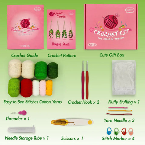 Contents of All In One Crochet Starter Kit For Beginners With No Fuss Step By Step Video Tutorials Includes Yarn Hooks Scissors Stuffing Needles And Markers For Hanging Plant Or Succulent Projects Great For Adults And Kids displayed.