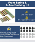 Golf Cart Front End Repair Kit For 2004 Up Club Car Precedent Gas And Electric Including King Pins Bearings Hubs Bushings Control Arm Bushings Bolts Sleeves And Spring Full Front Suspension Replacement Set showing steel sleeves and rubber bushings.