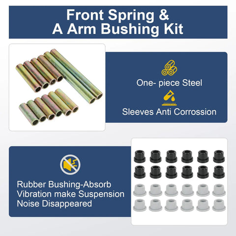Golf Cart Front End Repair Kit For 2004 Up Club Car Precedent Gas And Electric Including King Pins Bearings Hubs Bushings Control Arm Bushings Bolts Sleeves And Spring Full Front Suspension Replacement Set showing steel sleeves and rubber bushings.