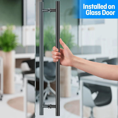 Person opening glass door with Matte Black Ladder Style Push Pull Door Handle Back To Back 36 Inch 900mm Long With 760mm Center To Center 304 Stainless Steel Heavy Duty.