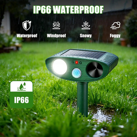 Solar Powered Ultrasonic Animal Deterrent With Motion Sensor Flash Light For Yard Garden Lawn Humane Deer Squirrel Cat Raccoon Rabbit Dog Repeller Outdoor Pest Control Device To Keep Critters Away, IP66 waterproof