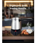 Electric 600ml Do It All Coffee Pot With Stainless Steel Kettle And Ergonomic Handle For Home Use on counter with coffee and croissants.