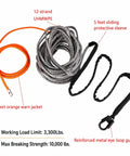 1/4 Inch X 50 Foot Synthetic Winch Rope In Gray With Hook And Stopper, Ultra Strong UHMWPE, Minimal Stretch, UV And Chemical Resistant, Ideal For Off Road Recovery And Tow Duties. Gray UHMWPE winch rope with orange warning jacket and hook
