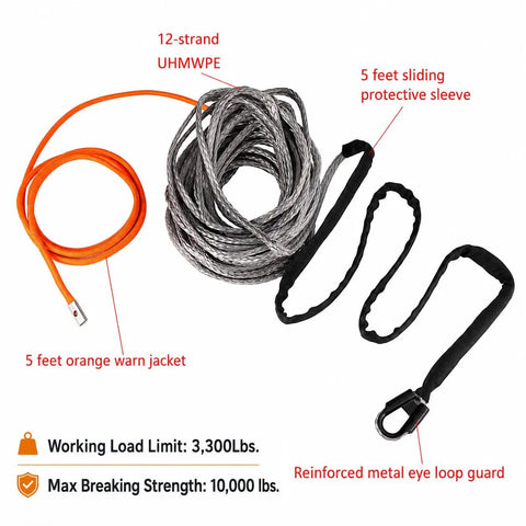 1/4 Inch X 50 Foot Synthetic Winch Rope In Gray With Hook And Stopper, Ultra Strong UHMWPE, Minimal Stretch, UV And Chemical Resistant, Ideal For Off Road Recovery And Tow Duties. Gray UHMWPE winch rope with orange warning jacket and hook