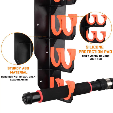Wall And Ceiling Mounted Fishing Rod Rack Holds Up To 10 Rods Space Saver For Gear In Garage Declutter Your Space With A Durable Wall Mount Or Ceiling Mount Rack For Home Shop Or Boat showing close-up of silicone protection pads and ABS material.