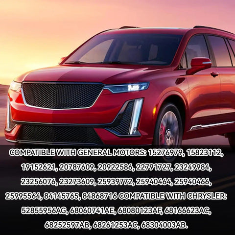 Red SUV at sunset with compatibility list for GM and Chrysler parts.