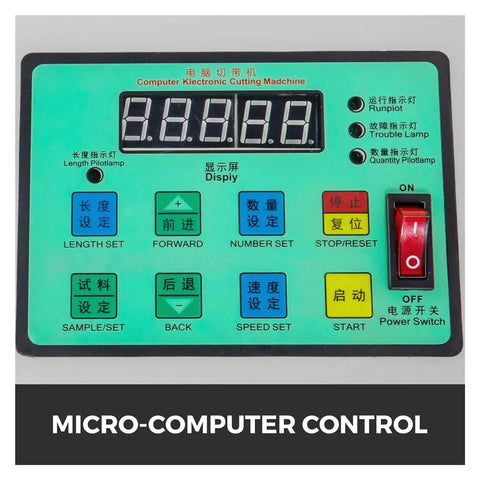 Control panel of AOXHUGB Automatic Computer Cloth Tape Cutter with buttons for settings and digital display.