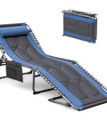 4 Fold Padded Portable Outdoor Chaise Lounge Chair With Pillow And Side Pocket for Patio Beach Pool Camping and Sunbathing Blue Heavy Duty Folding Recliner