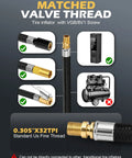 Diagram showing Beefed Up 12 Inch Tire Inflator Hose Adapter With Brass Locking Quick Chuck Heavy Duty High Pressure Air Extension Hose for air compressors with valve thread details