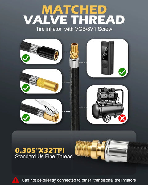 Diagram showing Beefed Up 12 Inch Tire Inflator Hose Adapter With Brass Locking Quick Chuck Heavy Duty High Pressure Air Extension Hose for air compressors with valve thread details