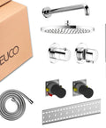 Sleek Recessed Shower System With Thermostatic Control And Anti Scald Safety Lock Chrome Plated Finish in packaging with components.