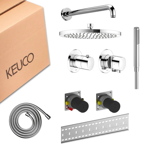 Sleek Recessed Shower System With Thermostatic Control And Anti Scald Safety Lock Chrome Plated Finish in packaging with components.