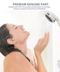 Woman enjoying shower with Pressure Balancing Shower Cartridge Replacement For 1/2 Inch Single Handle Valve Compatible With GP77759 GP77886 GP71969 Easy DIY Install To Restore Stable Water Pressure And Leak Free Shower Performance.