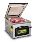 VacMaster VP230 chamber vacuum sealer, stainless steel kitchen appliance with lid open and meat in bag
