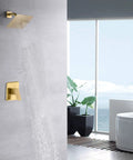 Pressure Balance Shower Faucet With Brushed Gold Finish And 8-Inch Square Rainfall Shower Head Including Rough-In Valve Body And Trim