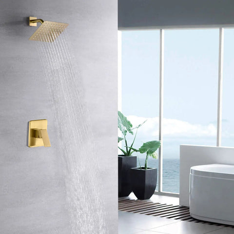 Pressure Balance Shower Faucet With Brushed Gold Finish And 8-Inch Square Rainfall Shower Head Including Rough-In Valve Body And Trim