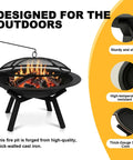 Heavy Duty Round Steel Wood Burning Fire Pit For Backyard And Patio Or Camping Bonfires 28 Inch Black Finish With Mesh Spark Screen