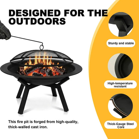 Heavy Duty Round Steel Wood Burning Fire Pit For Backyard And Patio Or Camping Bonfires 28 Inch Black Finish With Mesh Spark Screen