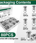 Built Tough 80 Piece Petal Expansion Bolt Assortment Kit With Solid Carbon Steel Jack Nuts M4 To M8 showing components in a storage box.