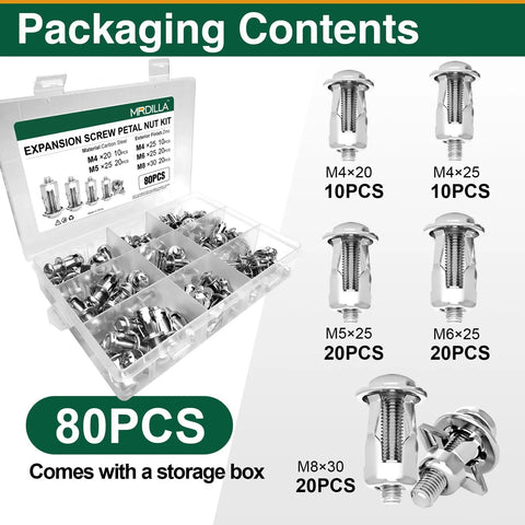 Built Tough 80 Piece Petal Expansion Bolt Assortment Kit With Solid Carbon Steel Jack Nuts M4 To M8 showing components in a storage box.