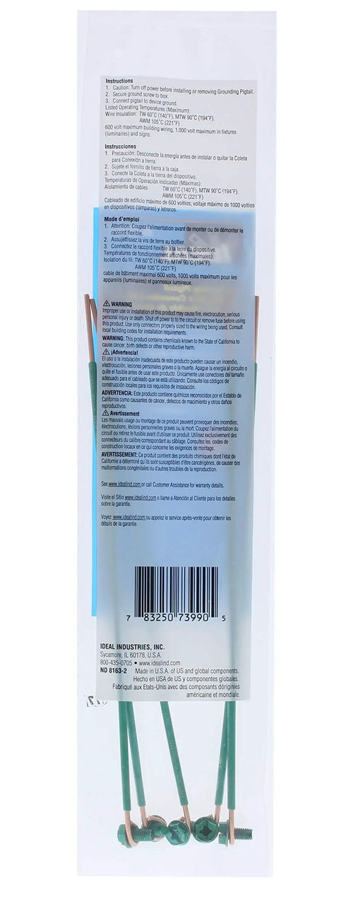 Back view of packaging for Green 12 AWG Solid Pigtails With Screws, showing 8-inch tails and NEC Article 250 compliance details.