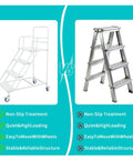 Comparison of two Heavy Duty Four Step Rolling Ladders, one with secure handrails and one aluminum, showcasing features.