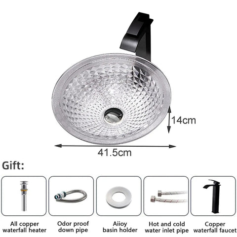 Modern Round Countertop Basin Crafted From Shatterproof Tempered Glass With Quick Pop Up Drain, 41.5cm diameter, chic bar sink.