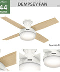 44 Inch Indoor Ceiling Fan With LED Light And Remote Control Cool Sleek White Finish Low Profile Flush Mount Four Blades