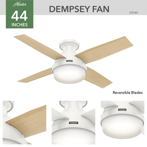 44 Inch Indoor Ceiling Fan With LED Light And Remote Control Cool Sleek White Finish Low Profile Flush Mount Four Blades