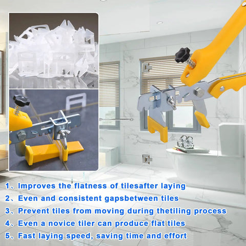 Professional Tile Leveling System Clips Kit With One Eighth Inch Spacers 3500 Pieces And 16 Ounce Rubber Mallet Hammer in use